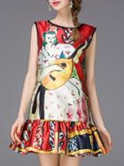 Shein Red Crew Neck Print Drop Waist Dress