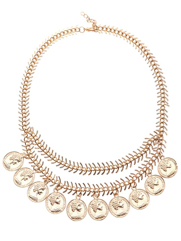 Shein Gold Etched Coin Charm Fishbone Chain Necklace