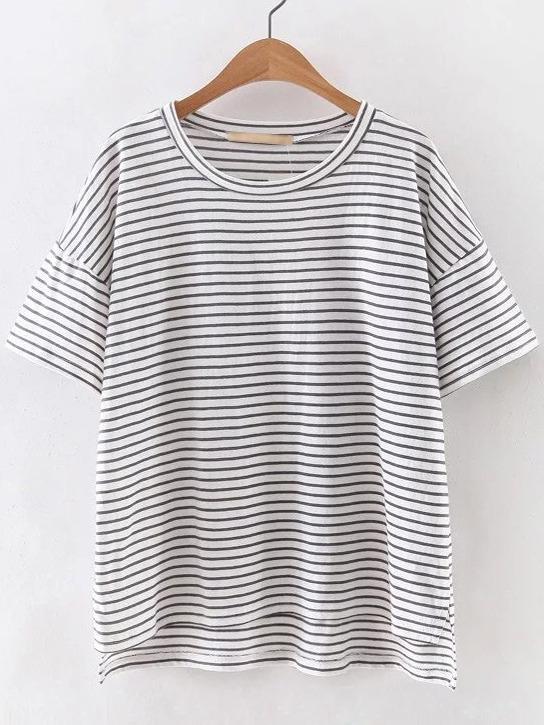 Shein Grey And White Mixed Stripe High Low T-shirt