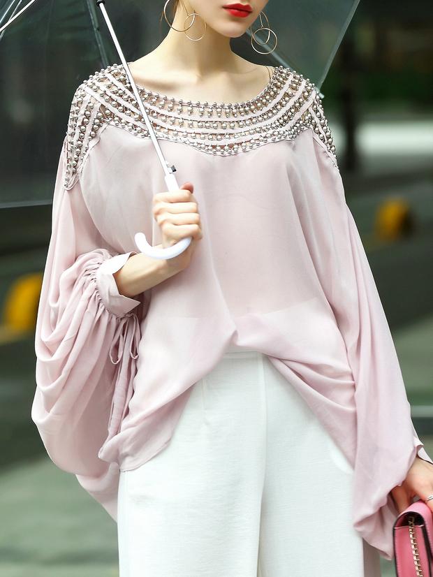 Shein Bat Sleeve Beading Hollow Blouse