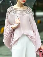 Shein Bat Sleeve Beading Hollow Blouse