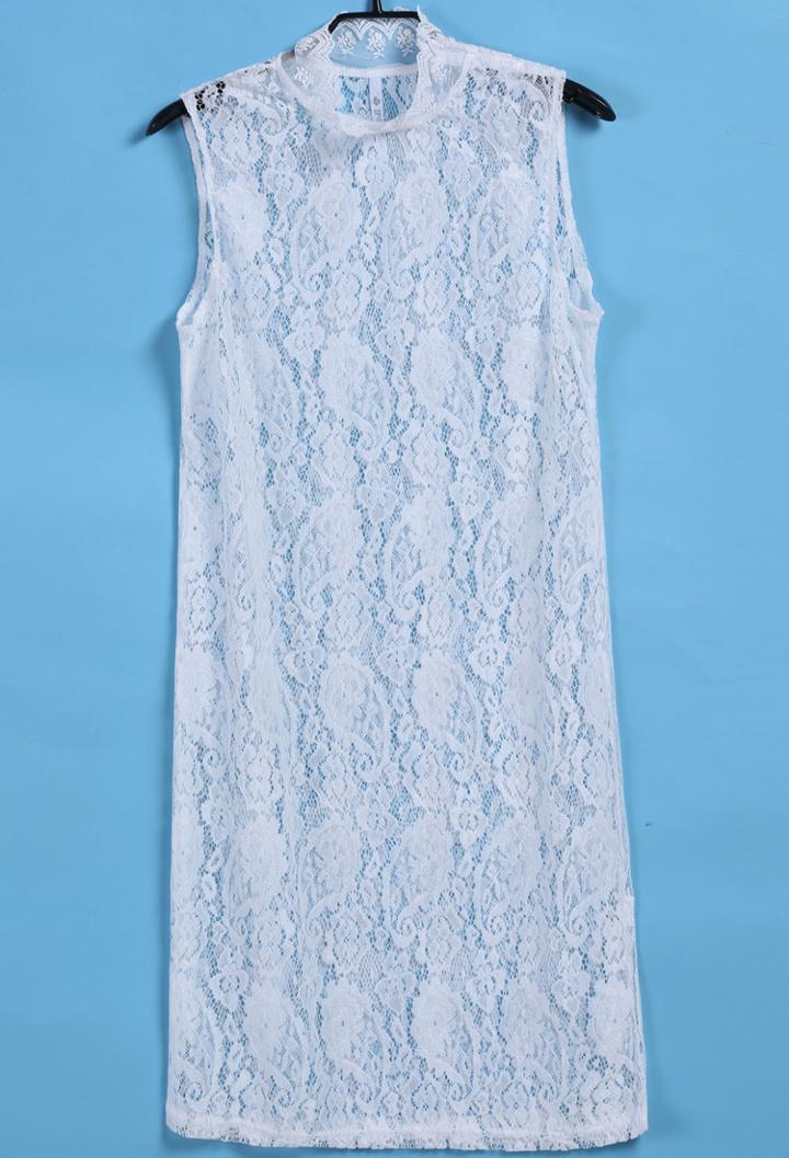 Shein White Stand Collar Hollow Lace Blouse