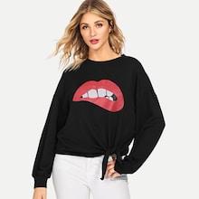 Shein Red Lip Print Knot Hem Sweatshirt
