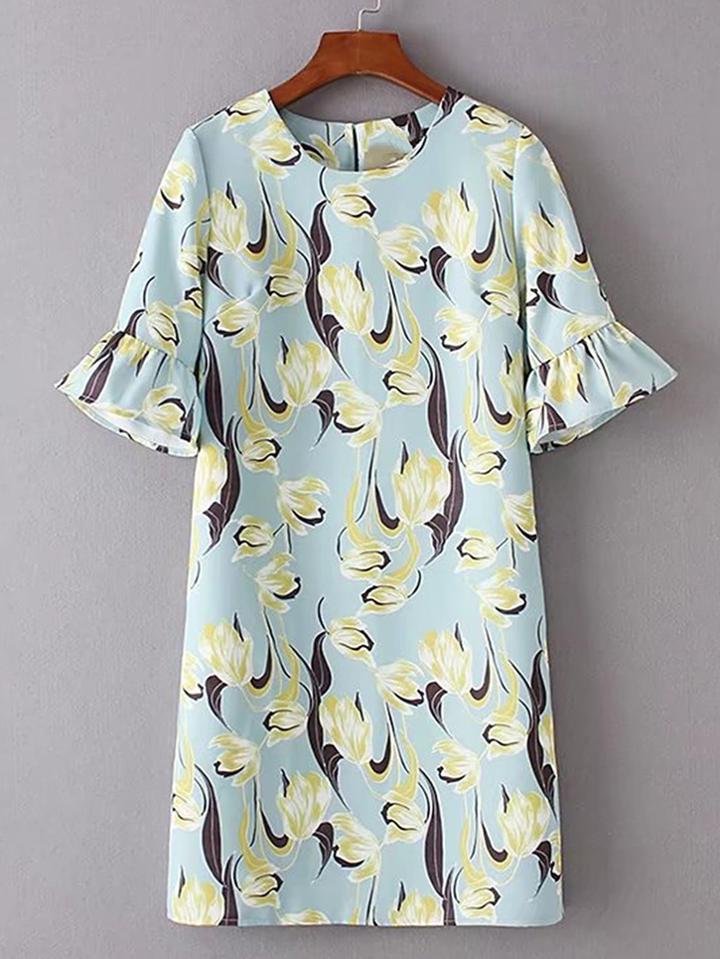 Shein Ruffle Cuff Flower Print Dress