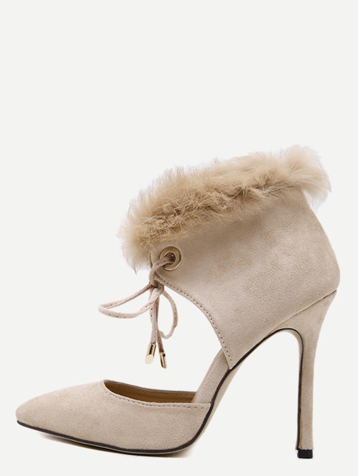 Shein Apricot Faux Suede Point Toe Faux Fur Cuff Heels