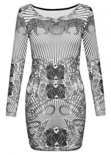 Rosewe Retro Print Design Round Neck Long Sleeve Dress