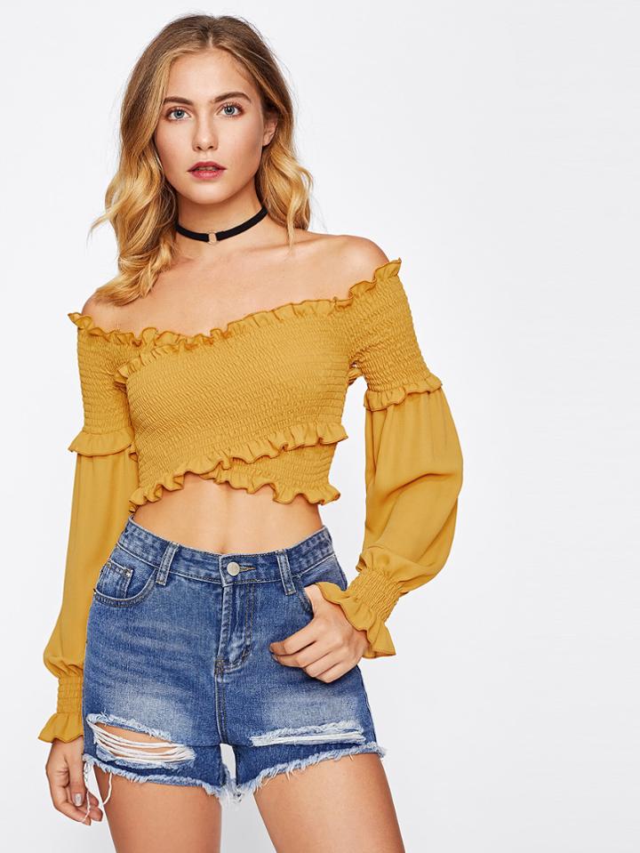 Shein Frill Trim Crossover Shirred Crop Top