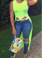 Rosewe Cutout Waist Fluorescent Green Round Neck T Shirt