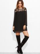 Shein Black Floral Embroidered Mesh Shoulder Kimono Sleeve Dress