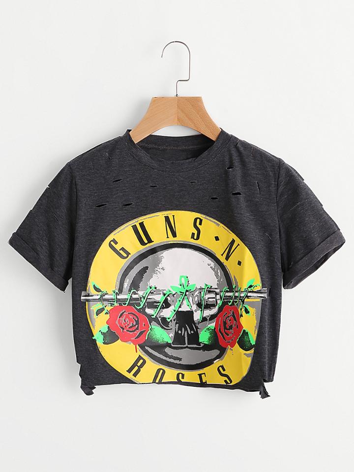 Shein Skull Print Ripped Detail Crop T-shirt