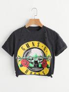 Shein Skull Print Ripped Detail Crop T-shirt