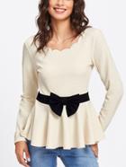 Shein Bow Belted Panel Scalloped Textured Peplum Blouse