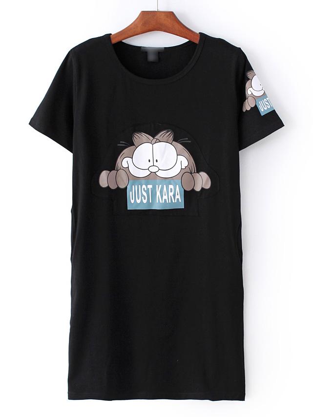 Shein Black Round Neck Cat Printed Slim T-shirt
