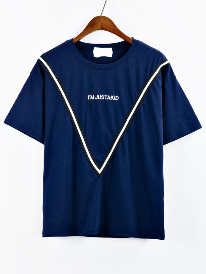 Shein Letter Embroidered Striped Tape Embellished T-shirt - Navy