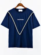 Shein Letter Embroidered Striped Tape Embellished T-shirt - Navy