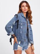 Shein Grommet Lace Up Destructed Denim Jacket