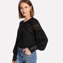Shein Lace Insert Bishop Sleeve Button Up Blouse