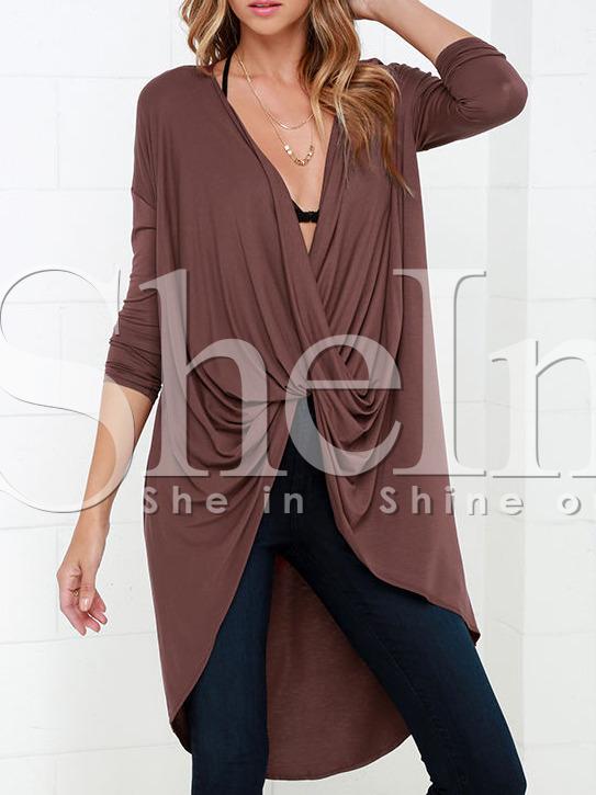 Shein Coffee Long Sleeve Asymmetric T-shirt