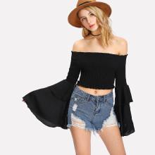 Shein Layered Trumpet Sleeve Shirred Bardot Top