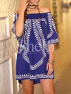 Shein Blue Off The Shoulder Geommectric Print Dress