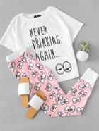 Shein Cartoon Eye Print Tee And Pants Pajama Set