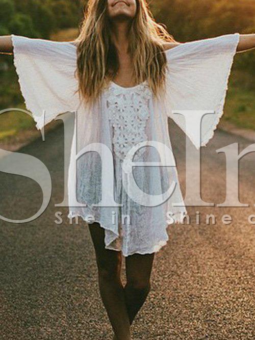 Shein Beige Open Shoulder Crochet Lace Pleated Blouse