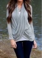 Rosewe Cross Collar Long Sleeve Grey T Shirt