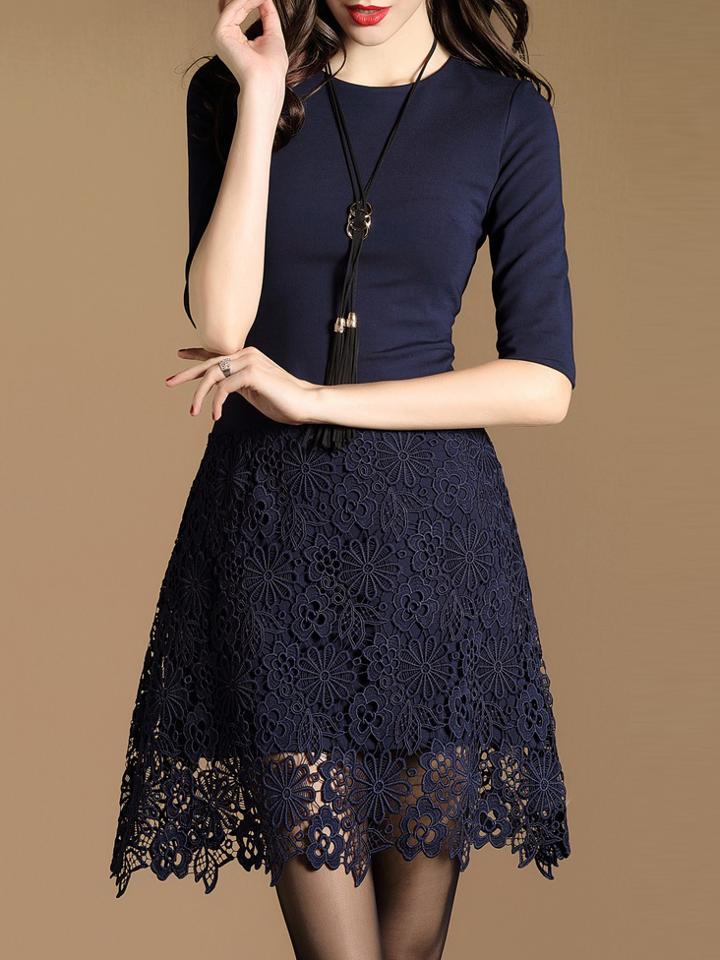 Shein Navy Contrast Crochet Hollow Out Dress