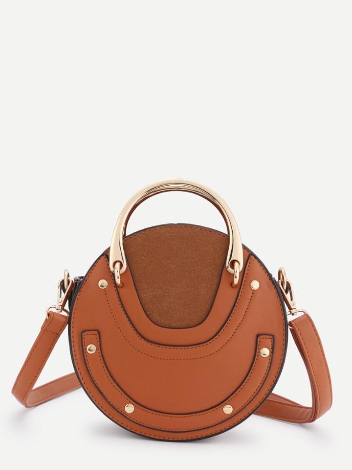 Shein Piping Detail Pu Round Bag With Metal Handle