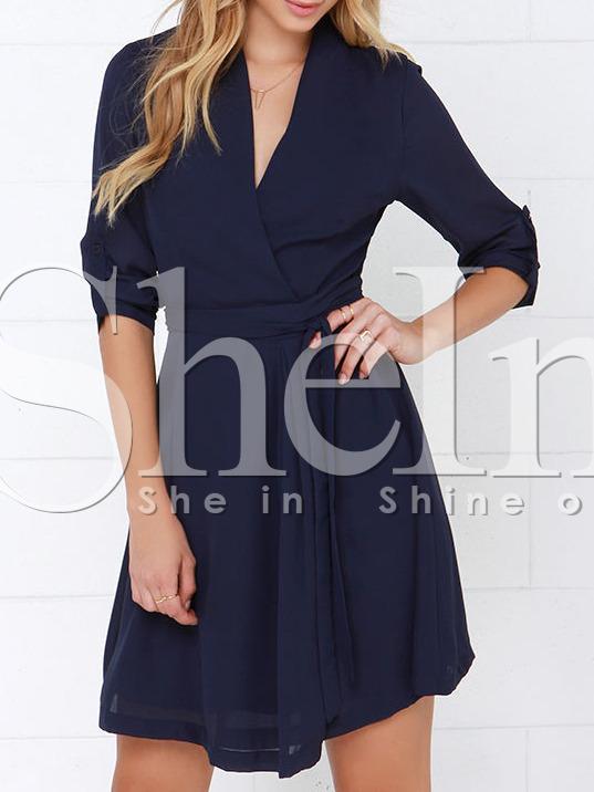 Shein Navy Half Sleeve V Neck Dress