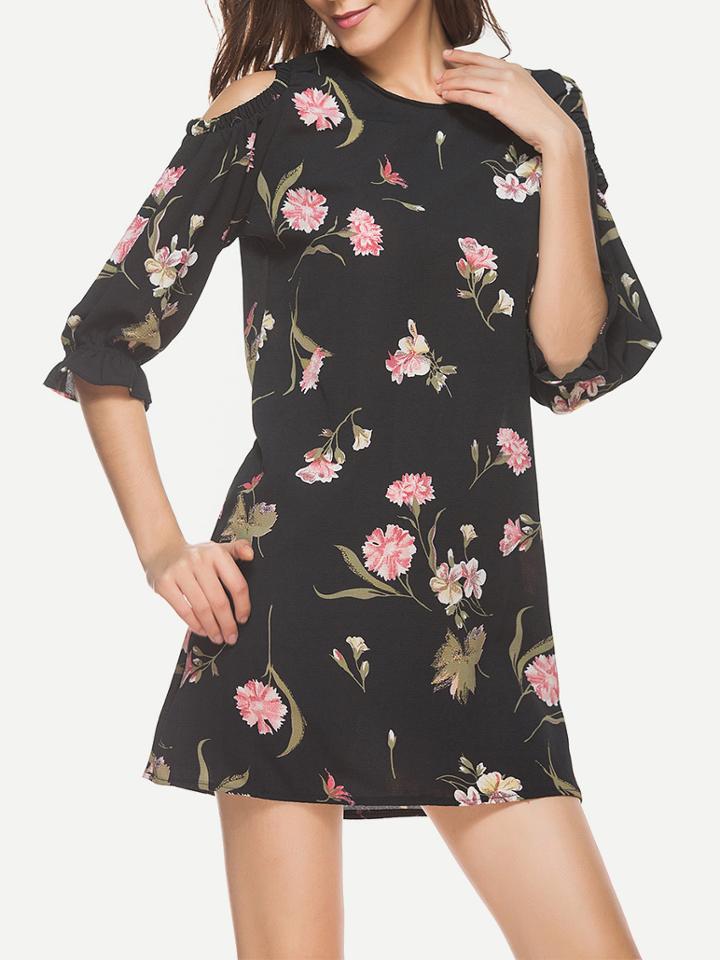 Shein Open Shoulder Frill Cuff Florals Dress