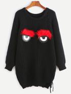 Shein Black Ribbed Knit Faux Fur Eye Detail Sweater