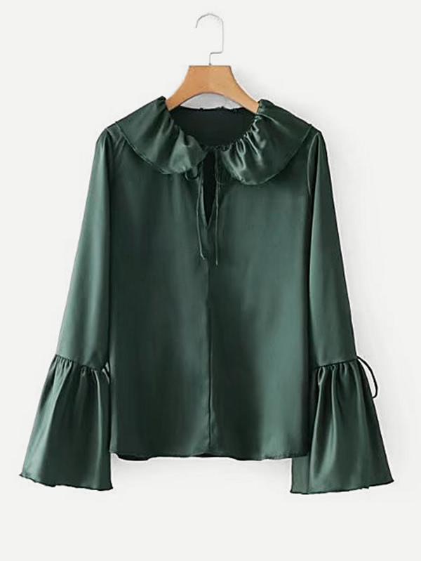 Shein Satin Ruffle Trim Tie Detail Blouse