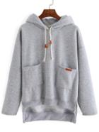 Shein Grey Hooded Dip Hem Drawstring Sweatshirt With Pockets