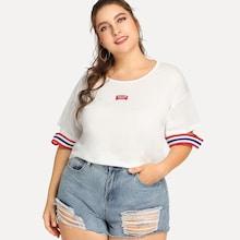 Shein Plus Contrast Striped Trim Cut Out Sleeve Tee
