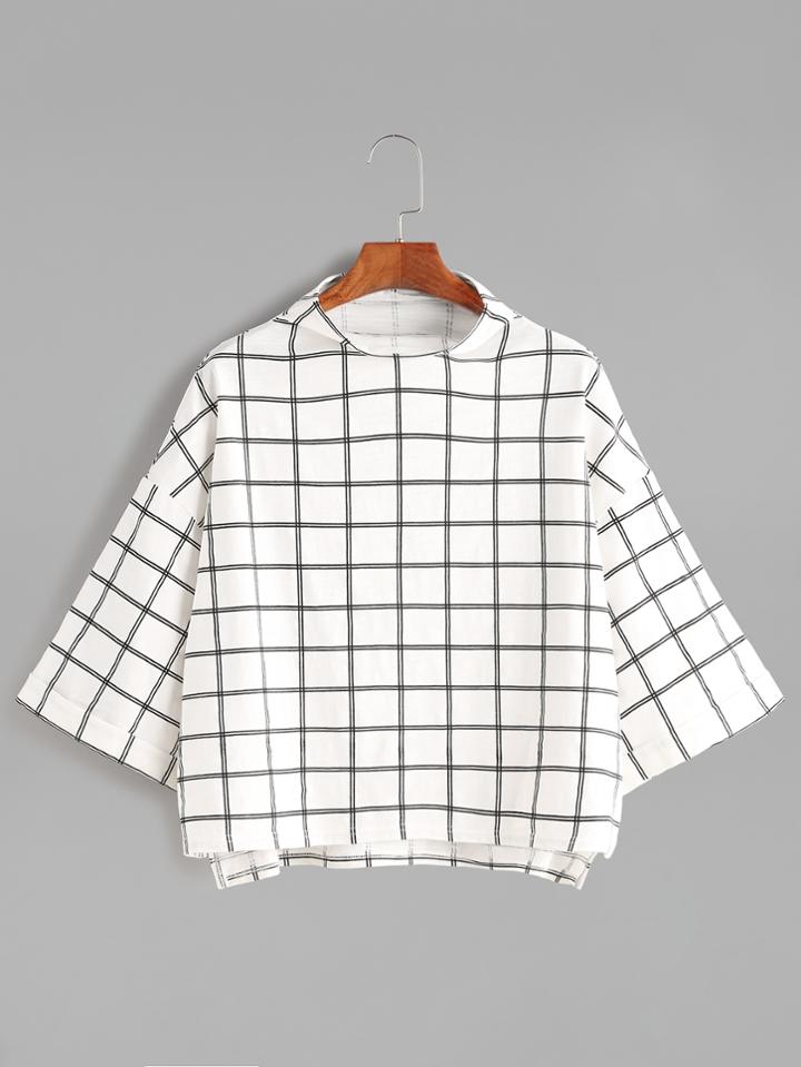 Shein Funnel Neck Drop Shoulder Grid T-shirt