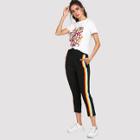 Shein Letter Print Tee With Striped Pants