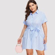 Shein Plus Self Tie Waist Split Side Striped Dress