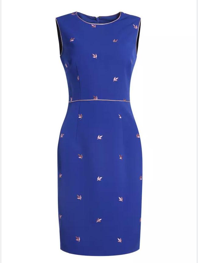 Shein Blue Round Neck Sleeveless Embroidered Bodycon Dress