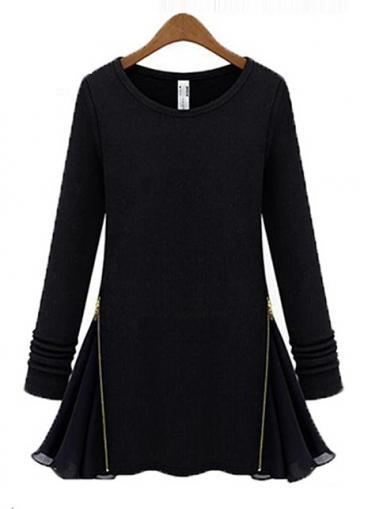 Rosewe A Line Round Neck Long Sleeve Black Tees