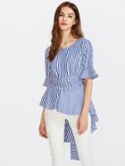 Shein Contrast Striped Bow Tie Back Frill Blouse