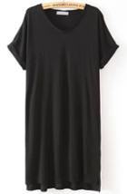 Shein Black V Neck Short Sleeve Loose Dress