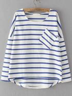 Shein Blue Dropped Shoulder Seam Striped Dip Hem Pocket T-shirt