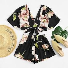 Shein Knot Detail Floral Print Top With Shorts