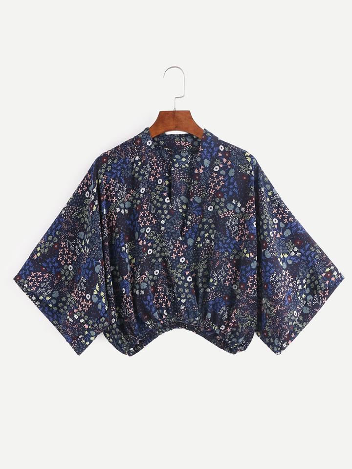 Shein Surplice Front Elastic Hem Floral Print Crop Top - Navy