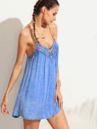 Shein Blue Spaghetti Strap Embroidered Backless Dress