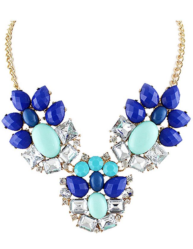Shein Blue White Gemstone Gold Chain Necklace