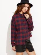 Shein Navy And Red Plaid Split Tie Back Asymmetric Blouse