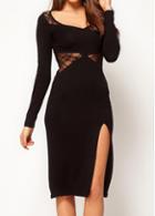 Rosewe Black Lace Panel Side Slit Knee Length Dress