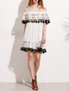 Shein White Embroidered Tassel Ruffle Off The Shoulder Dress